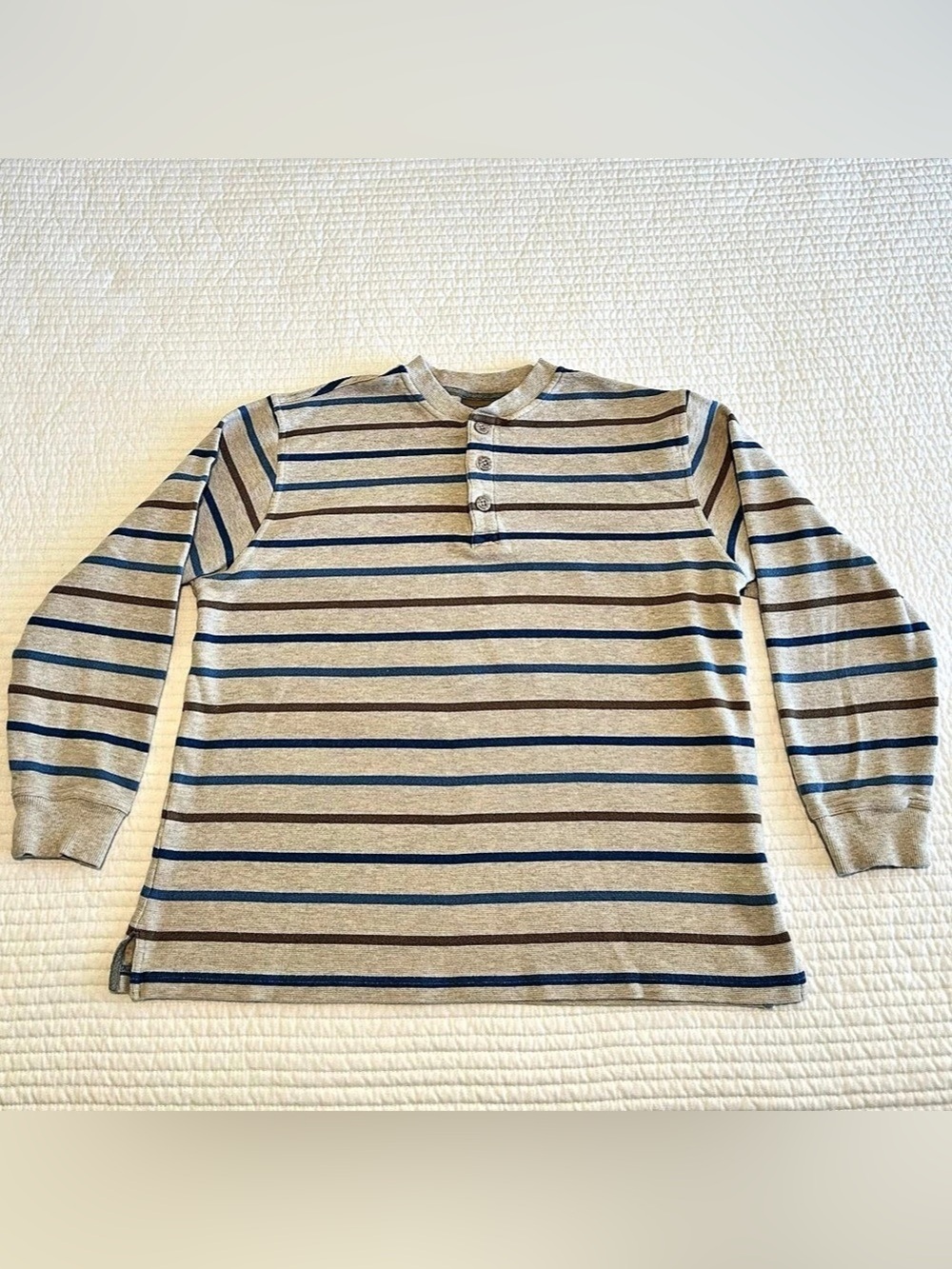 L.L.Bean | Vintage Soft Waffle Knit Long Sleeve Striped Henley Shirt | Large